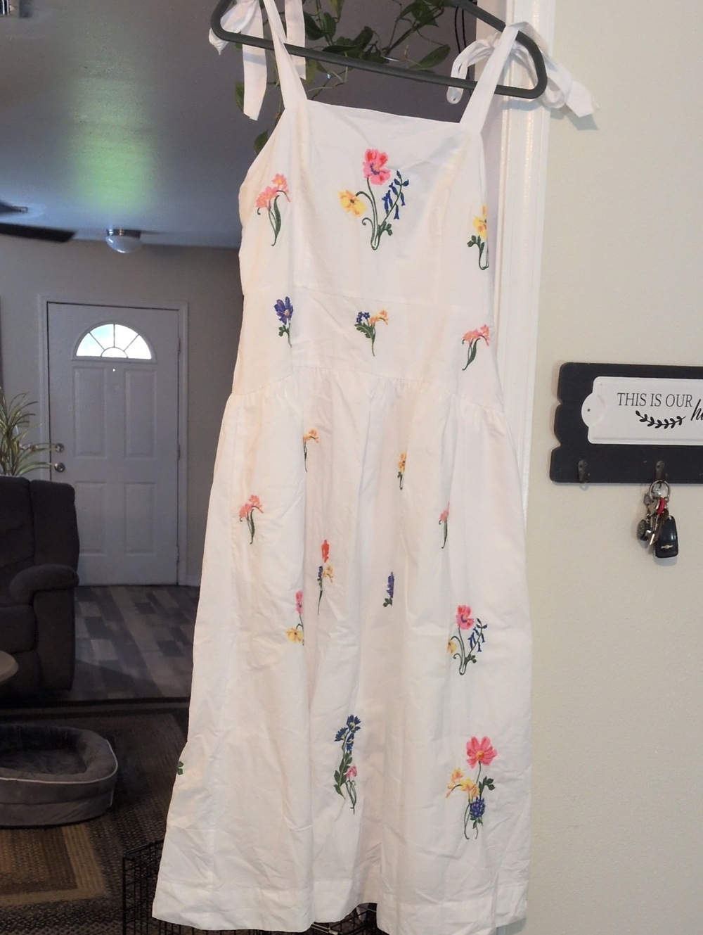 White Floral Embroidered Tie-Shoulder Midi Dress